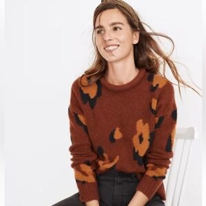 Madewell Leopard Intarsia Fulton Pullover Sweater Wool Floral Brown, size XS